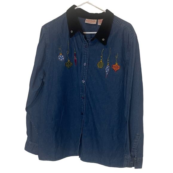 Basic Editions Holiday Vintage 90s Women XL Christmas Embroidered Denim Top - Picture 2 of 7